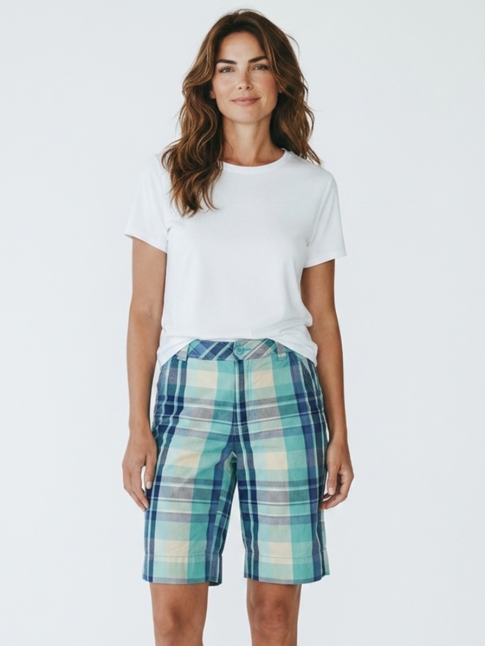French Cuff Turquoise Plaid Bermuda Shorts Cotton Blend Size 10